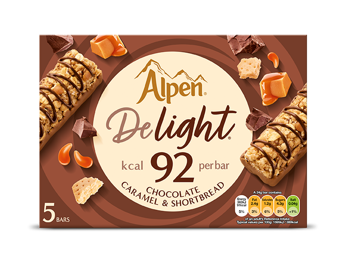 Alpen Delight bars chocolate caramel product pack