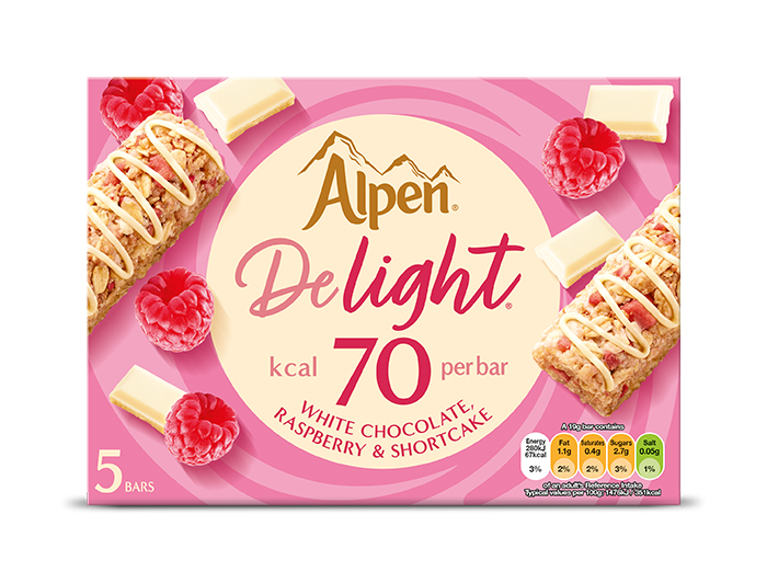 Alpen Delight bars white chocolate raspberry product pack